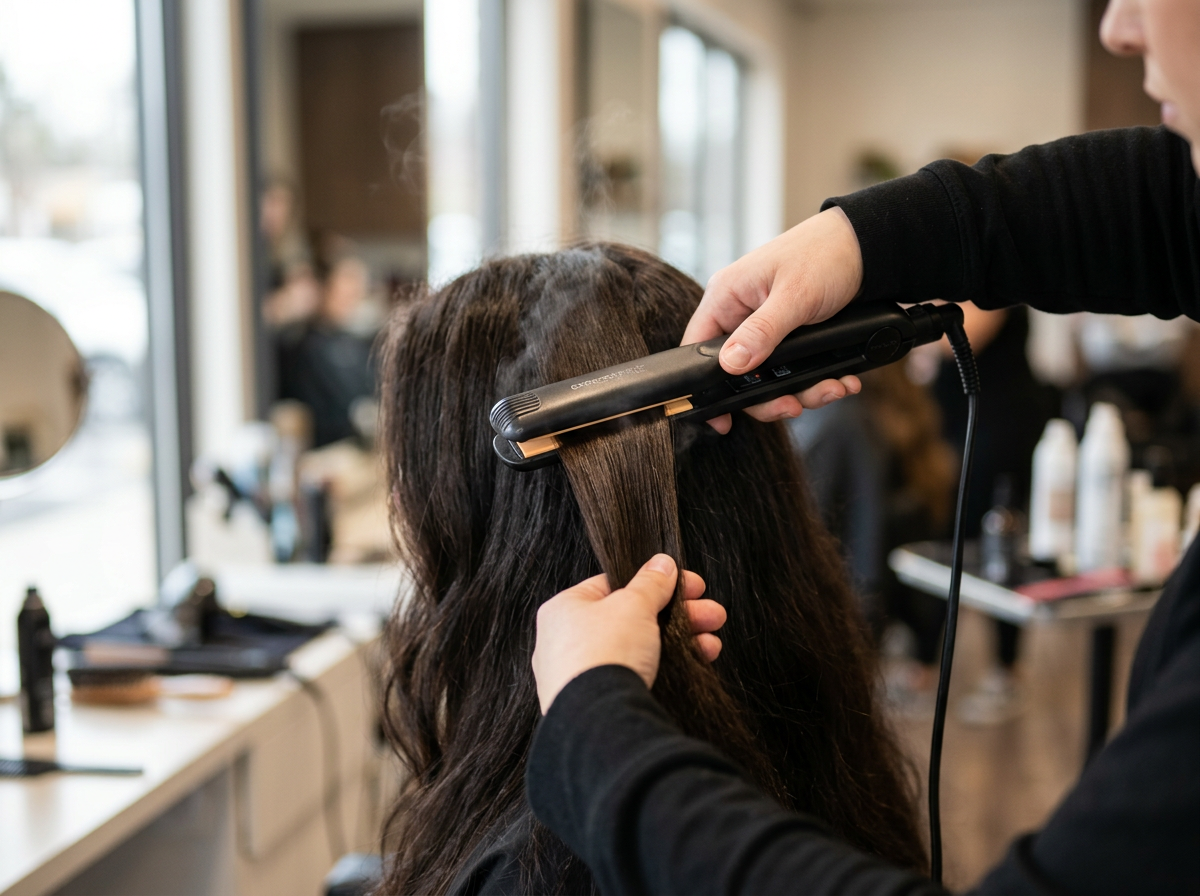 Plancha de cerámica profesional sellando un tratamiento de bótox capilar en cabello oscuro y brillante