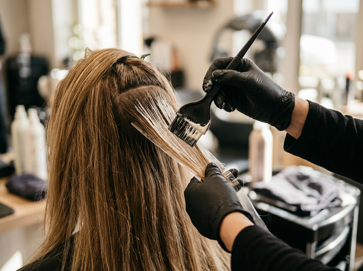 Colorista aplicando mechas con brocha de tinte profesional sobre cabello rubio en el salón
