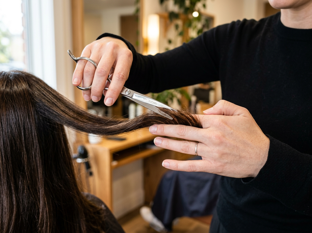 Estilista cortando con tijeras profesionales de acero una sección de cabello castaño en el salón